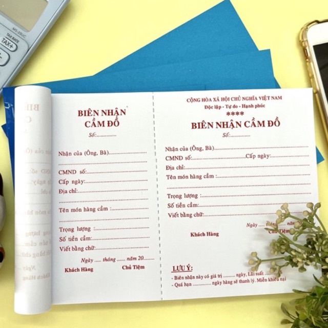 Biên nhận CẦM ĐỒ khổ A5 loại 1 liên, 2 liên 100 tờ/quyển