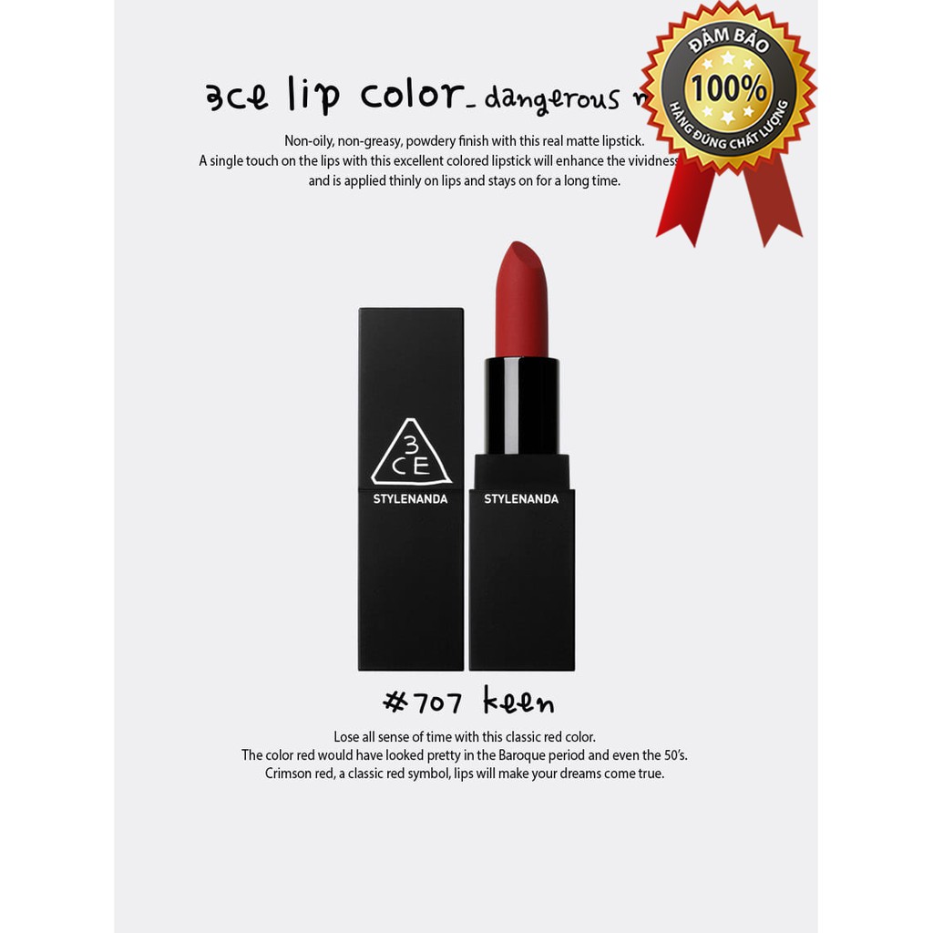 SON THỎI LÌ [DANGEROUS MATTE] 3CE LIP COLOR #707 KEEN