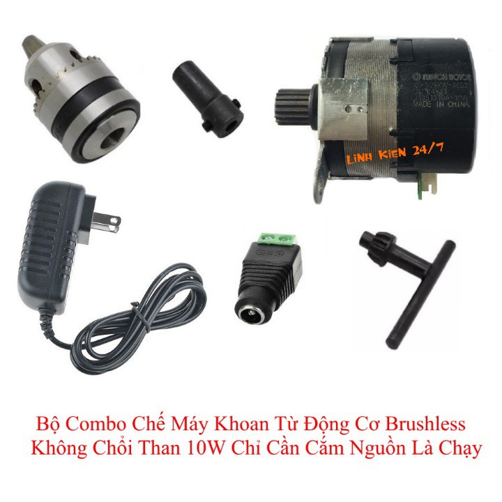 Bộ Combo Chế Máy Khoan Từ Động Cơ Brushless Không Chổi Than 10W Kèm Nguồn 12V 2A