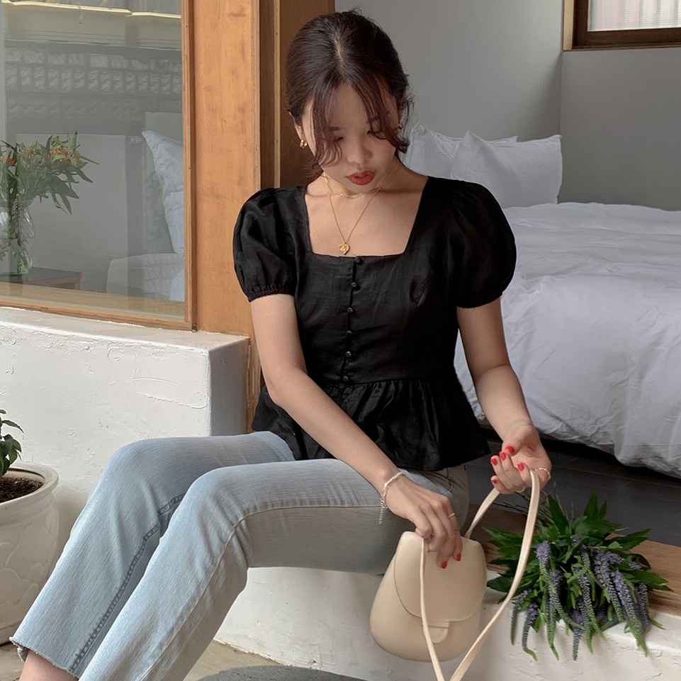 Mùa hè Phong Cách Hàn Quốc Cổ Vuông Đơn Giản Slim Fit Phù Hợp Với Áo Sơ Mi Tay Ngắn Màu Trơn Top