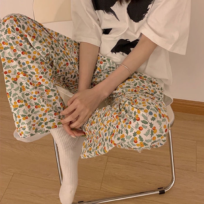 [CÓ SẴN] Quần ngủ dài dáng suông pijama hoa lá đồ ngủ dễ thương ullzang Hàn Quốc