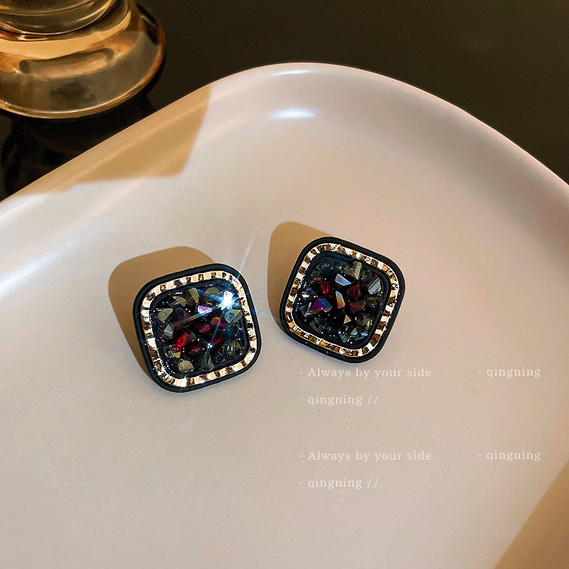 DREJEW Bông Tai Hình Vuông Màu Đen Đính Kim Cương Bạc Thời Trang Sang Trọng Cho Nữ