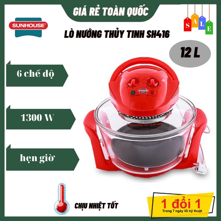 Lò Nướng Mini Sunhouse Thủy Tinh SH416 12L- Chịu Nhiệt, An Toàn Cho Sức Khỏe Hàng Chính Hãng