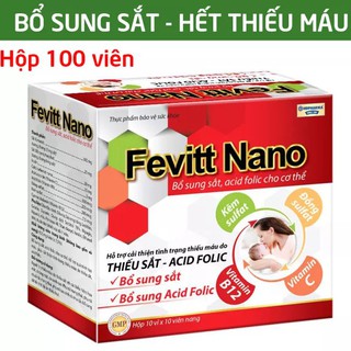 Viên uống Fevitt Nano bổ sung Sắt, Acid Folic cho người thiếu máu não, phụ nữ mang thai và sau sinh - Hộp 100 viên