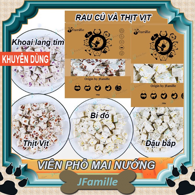 Snack chó mèo JFamille, Viên Phô mai nướng thịt Vịt và rau củ, treat thưởng cho chó, bổ sung Protein và chất xơ. JF176