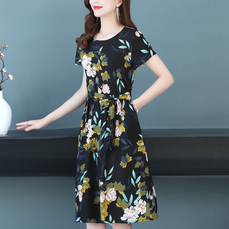 Middle aged fashionVáy cotton mùa hè cho người trung niên và già áo dài tay ngắn mẹ 40-60 tuổi Size Lớn mỏng 【1