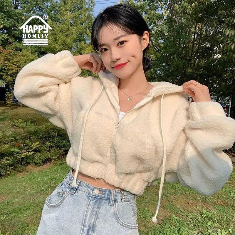 Happy homliv crop top Hoodie Lông Cừu Ngắn Dáng Ôm Có Khóa Kéo Dễ Thương Cho Nữ