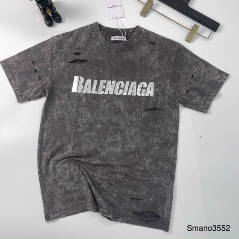 áo phông nam tay ngắn cổ tròn chất thun lạnh mịn màng-áo phông Balenciage giặt loang phong cách rách