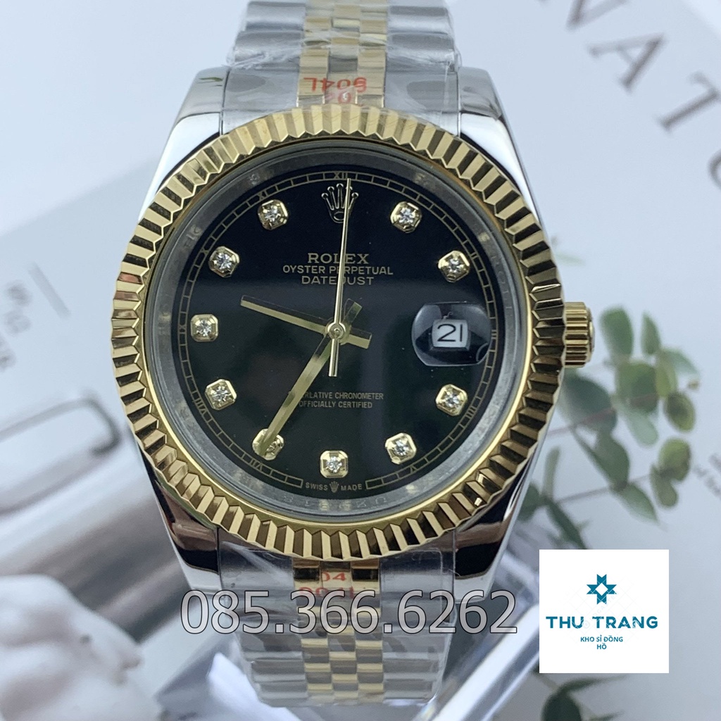 Đồng hồ Nam Rolex máy nhật, mẫu classic, mặt đen viền vàng dây kim loại, dòng cơ Automatic size 39mm-40mm