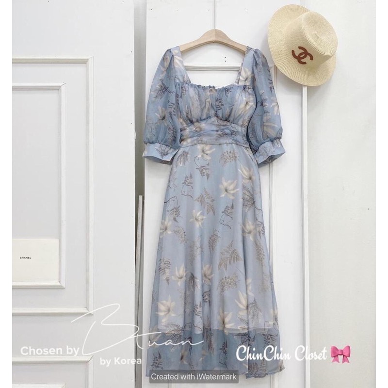 Váy voan hoa xanh tay bồng | BigBuy360 - bigbuy360.vn