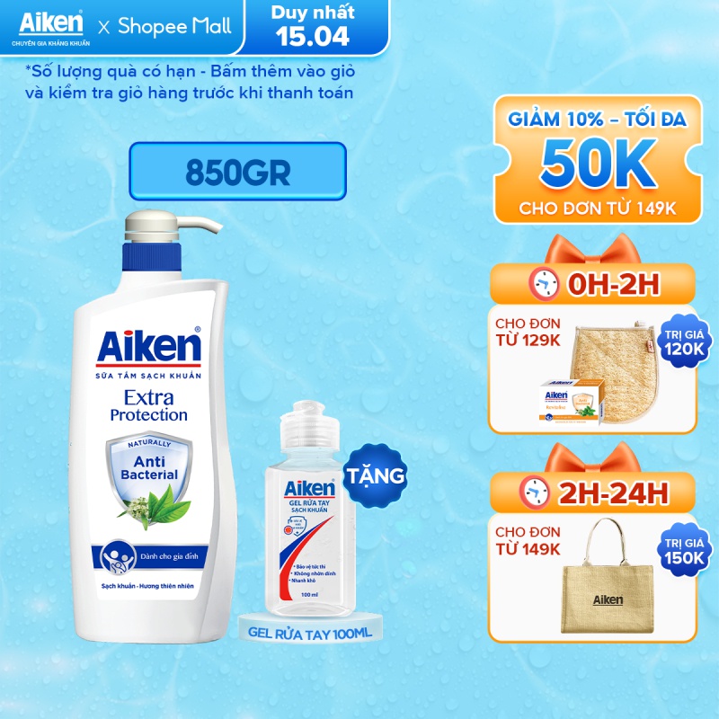 [Mã COSBDAG5 giảm 8% đơn 150k] Aiken Sữa tắm Sạch khuẩn Chiết Xuất Trà Xanh Thiên Nhiên 850g - Tặng Gel rửa tay 100ml