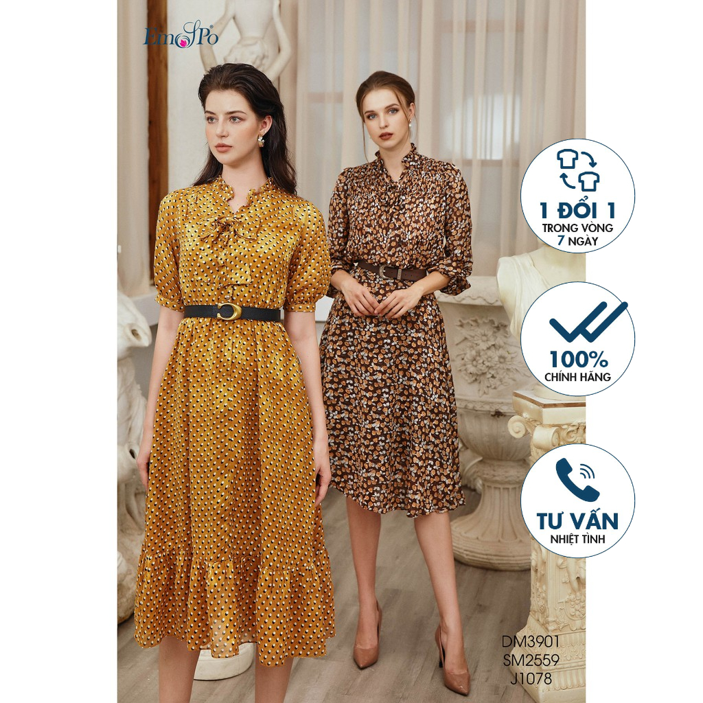 Đầm dáng xòe, cổ bèo, chun eo, đai tháo rời Emspo DM3901 (Vàng, Đen)