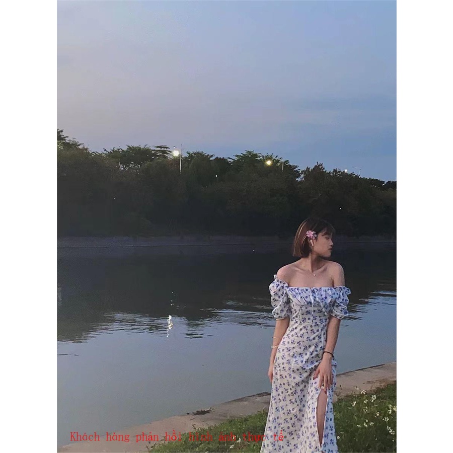 Đầm Hoa Cổ Vuông Dáng Rộng Xẻ Tà Thời Trang Hàn Quốc 2022 Cho Nữ