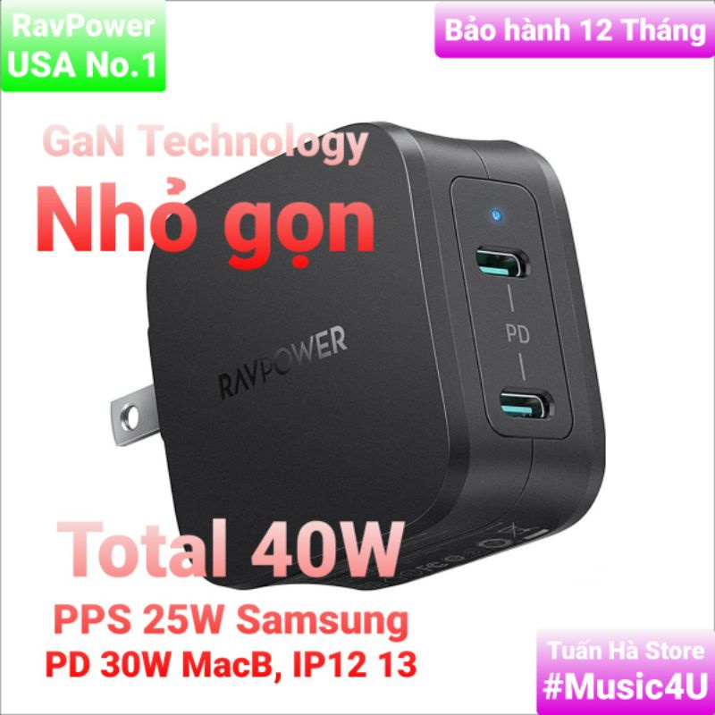 Củ sạc nhanh RavPower C PD PPS 20W 18W 25W 30W 40W cho IP 12 13 Pro Samsung Note S20 21 22 Ultra Max Tuấn Hà Store