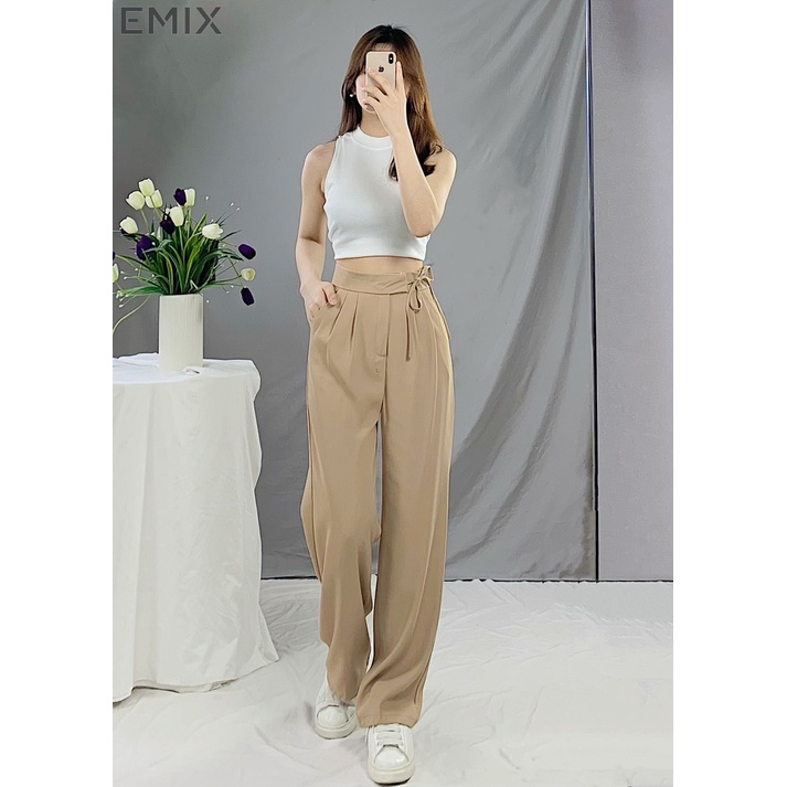 Quần vải xuông buộc dây EMIX (3 màu), basic trousers, dáng dài, cạp cao, ống suông, kèm dây đai, chất liệu tuytxi 534