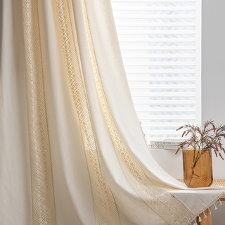 Rèm cửa sổ vải cotton lanh phối tua rua sáng tạo trang trí nhà cửa
