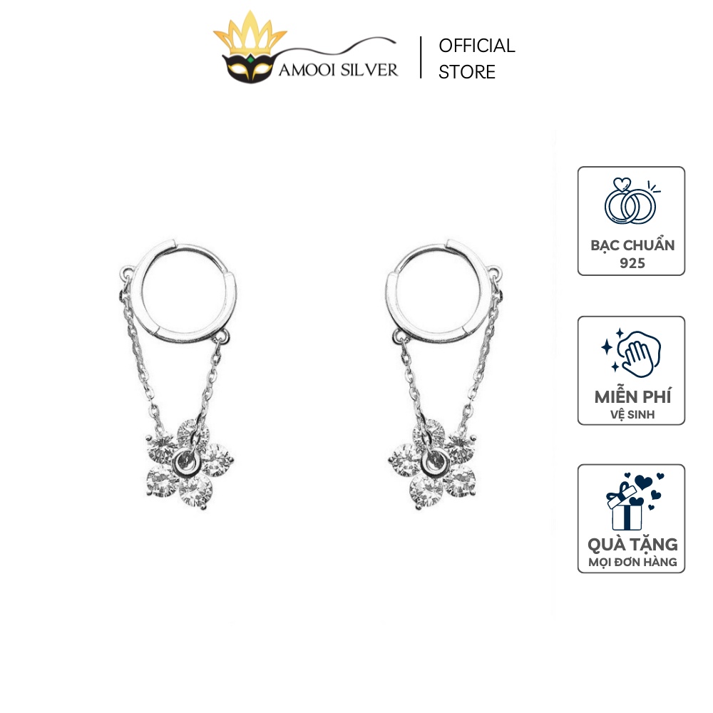 Bông tai bạc S925 khoen tròn hoa 5 cánh tua rua đường kính 8mm - Amooi Silver AB217