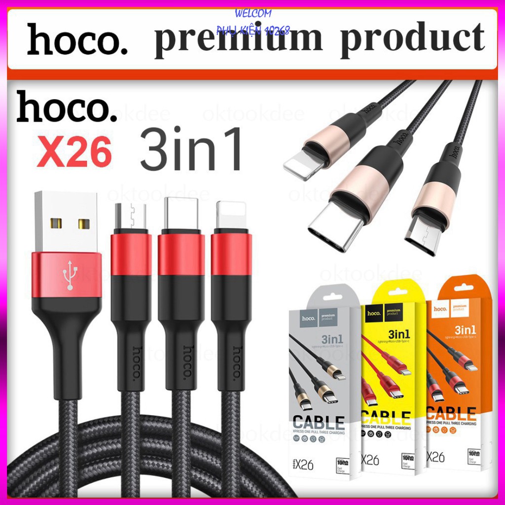 Cáp sạc 3 đầu HOCO X26 dài 1m - BH Toàn quốc