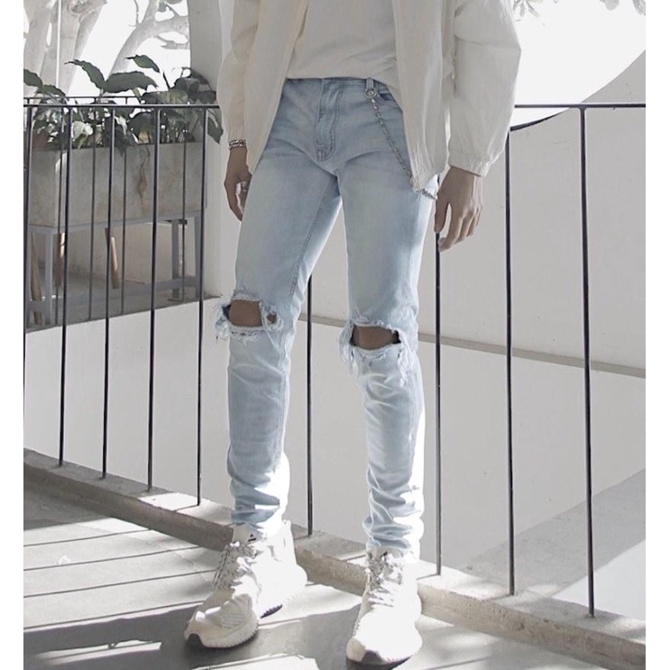 Quần jean nam rách gối màu xanh streetwear, quần bò cao cấp, cá tính, form slim, chất vài mềm mịn, dáng chuẩn