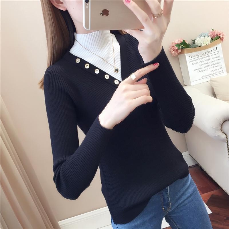 【ZHELIHANGFEI】Áo Len Tay Dài Cổ Cao Giả Hai Lớp Phong Cách Phương Tây