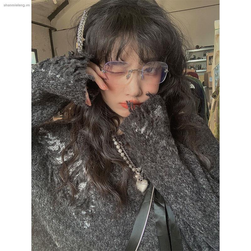 Áo sweater dệt kim tay dài dáng rộng phối rách phong cách retro đường phố thời trang mùa thu 2022 cho nữ