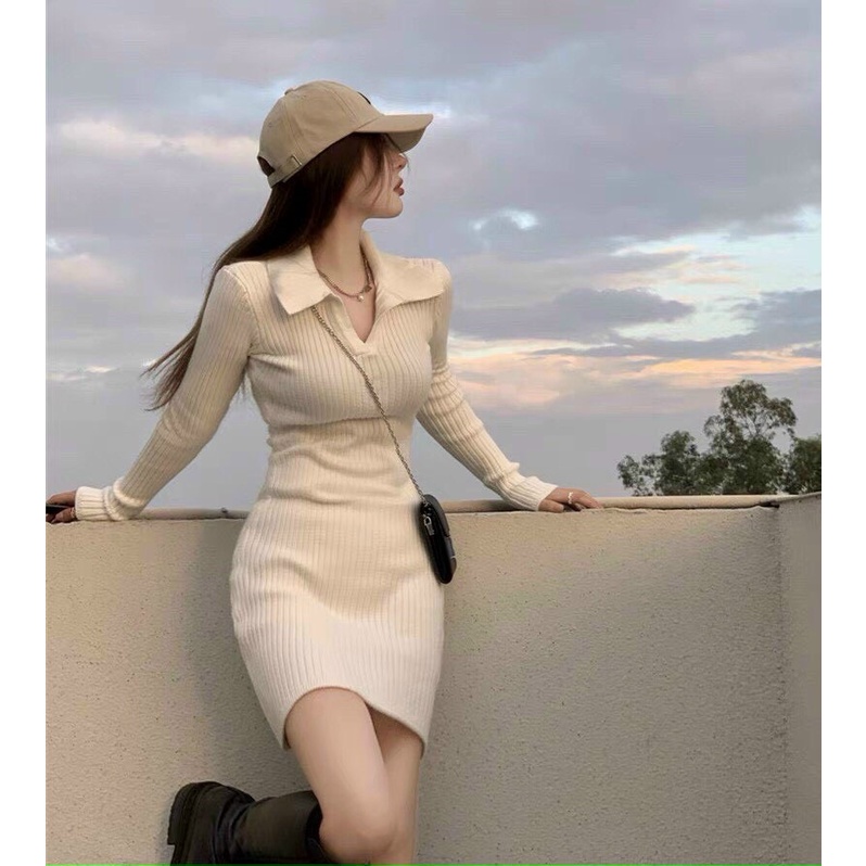 [ Miễn Phí Ship 2022 ] Đầm thun gân có cổ ôm eo tôn dáng phong cách Hàn Quốc