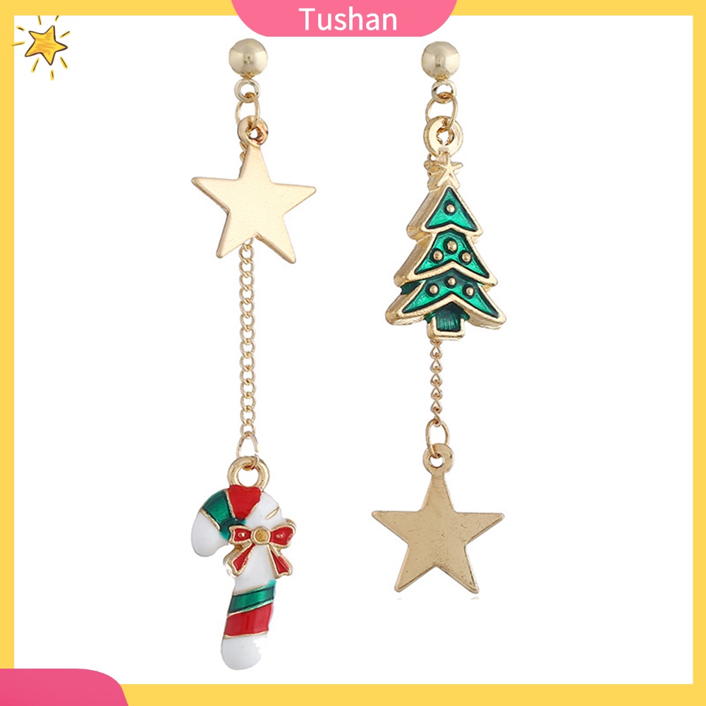 TUSH_Phụ nữ Giáng sinh Cây Mía Ngôi sao Dangle Bông tai Stud bất đối xứng Trang sức Quà tặng Giáng sinh