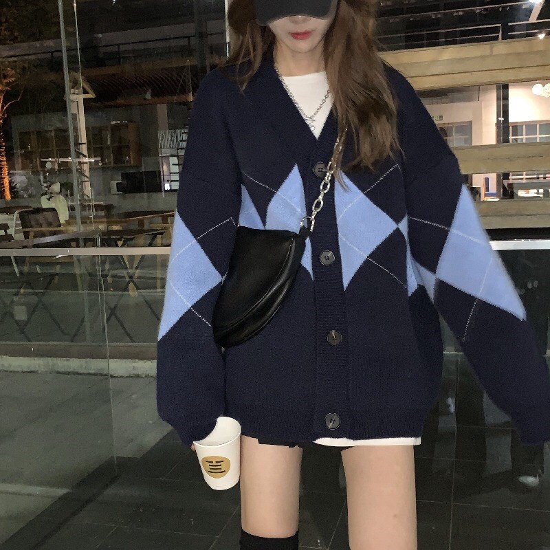 Áo khoác Cardigan len thổ cẩm xanh than phối kim cương dáng rộng - Miss girl