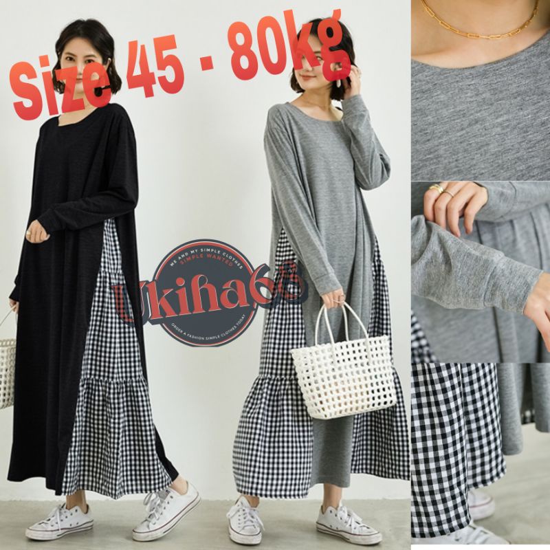 Ukiha68(SALE)VÁY ĐẦM THUN MODAL SỌC CARO KẾT HỢP VÁY ĐẦM DÀI DÁNG CHỮ A SUÔNG THOẢI MÁI NỮ TÍNH NHẸ NHÀNG KIỂU HÀN QUỐC