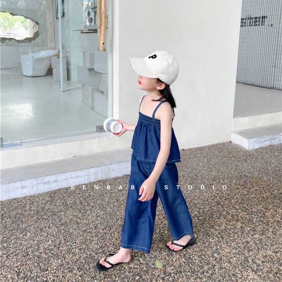 Set Áo Hai Dây + Quần Denim Ống Rộng Thời Trang Mùa Hè Cho Bé Gái