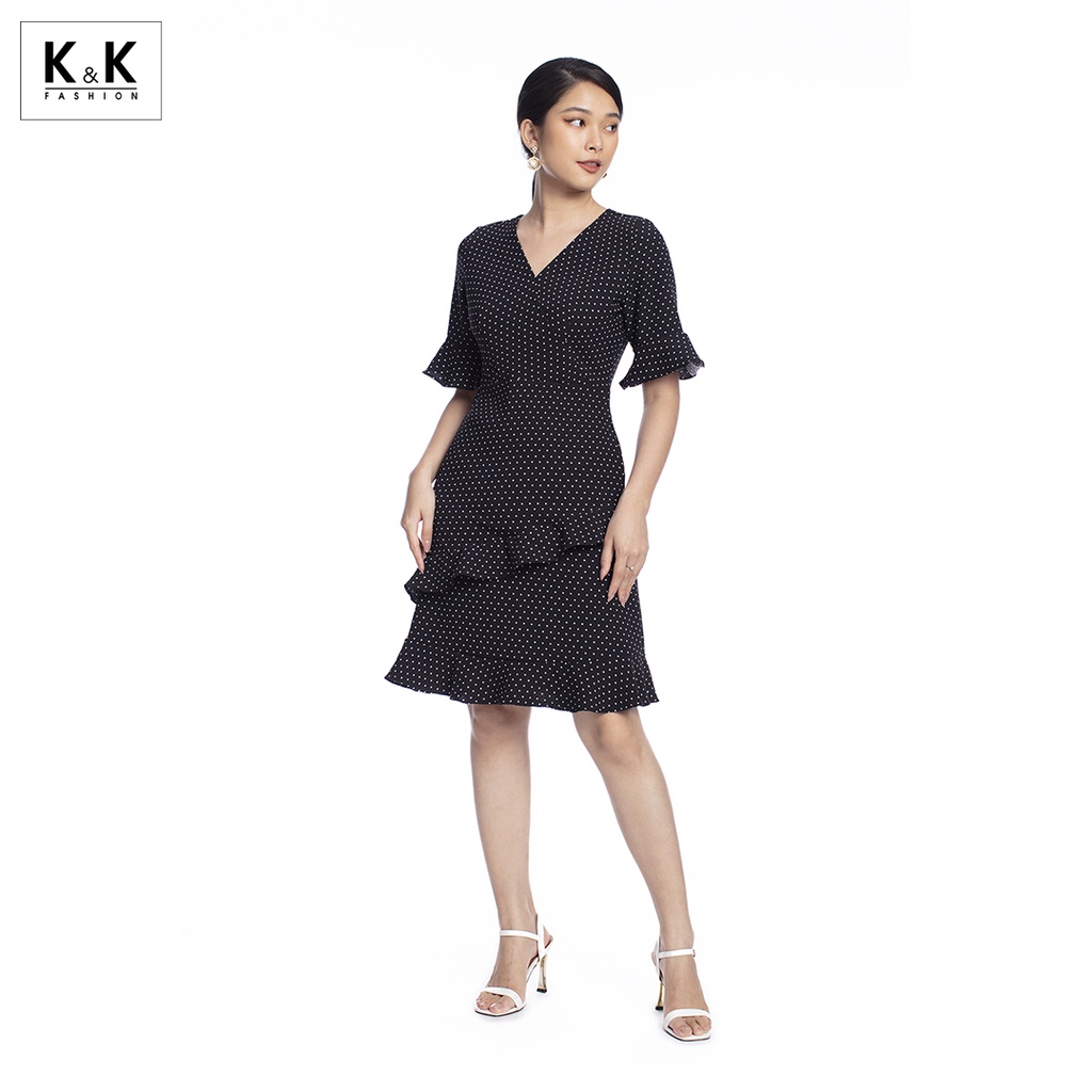 Đầm Công Sở Dáng Chữ A K&K Fashion KK106-24 Phối Bèo Họa Tiết Chấm Bi