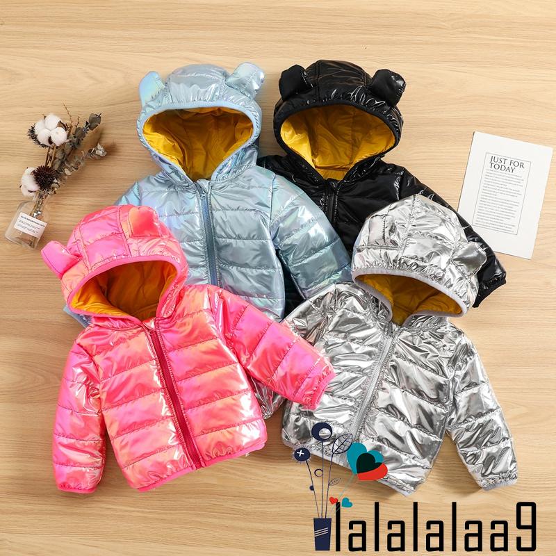 Áo Khoác Phao Cotton Tay Dài Có Nón Tai Gấu Màu Sắc Trơn Sáng Bóng Khóa Kéo Dành Cho Trẻ Em