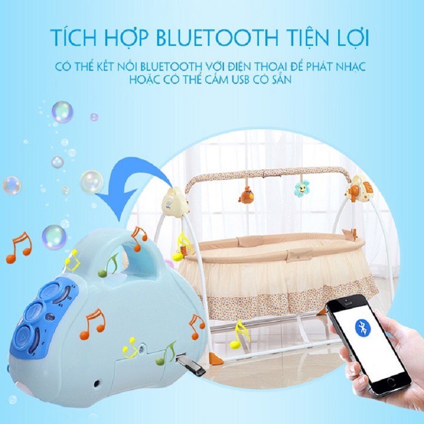 Nôi điện đưa tự động, phát nhạc, điều khiển từ xa, kết nối bluetooth, kèm đệm lót, gối, thú bông