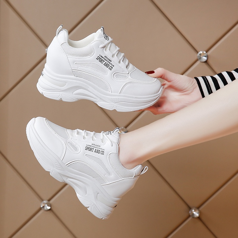 Giày thể thao nữ cao cấp tăng chiều cao, Sneaker thể thao nhỏ gọn màu trắng lưới thoáng khí đơn giản tinh tế