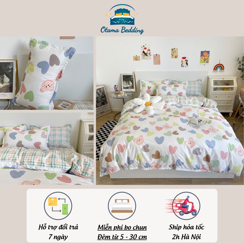 Bộ chăn ga gối 4 món kèm vỏ gối cotton poly trái tim vintage , Bộ ga gối drap giường bo chun - Otama Bedding | BigBuy360 - bigbuy360.vn