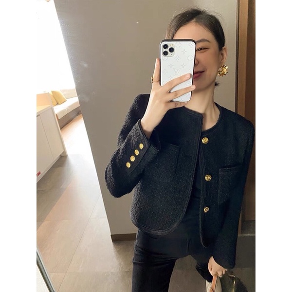 Áo khoác dạ tweed đen 2 lớp viền dây cúc đồng sang chảnh
