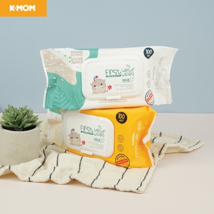 Khăn ướt cao cấp K-Mom Hàn Quốc vân nổi có nắp chất liệu cotton tự nhiên, an toàn, siêu mềm 100c