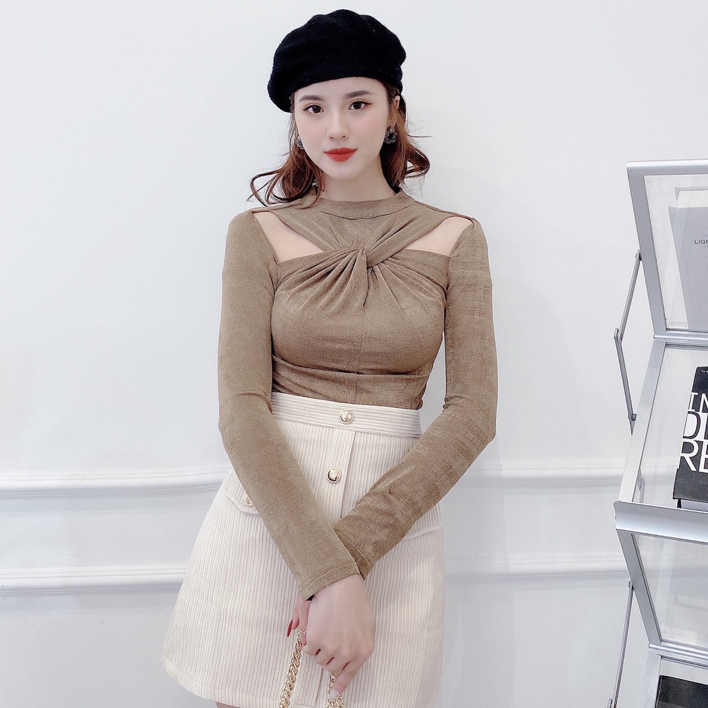 Áo xoắn cổ, áo thun nhũ khoét vai tay dài A1055 KYMIE