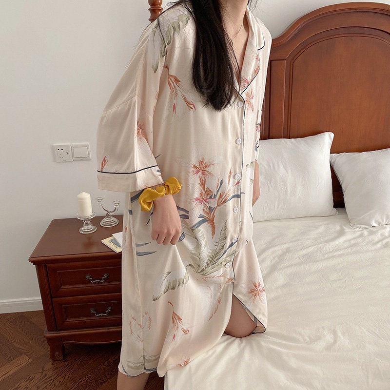 Váy ngủ Đầm mặc nhà pijama sơ mi QCCC cotton lanh lụa maxi dài hè mát mẻ bầu và sau sinh | BigBuy360 - bigbuy360.vn