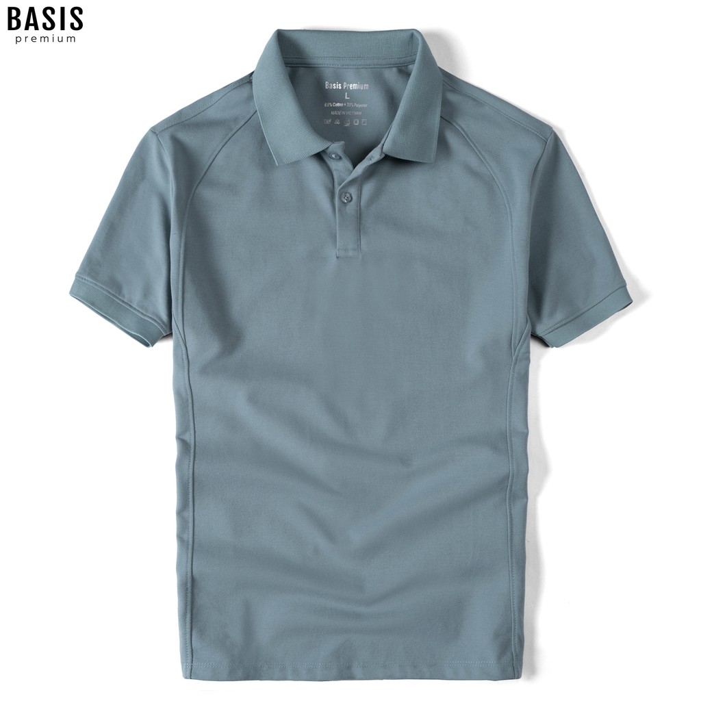Áo polo nam màu xanh lịch lãm trơn phối gân dọc Basis đơn giản, vải cotton BASIS APL37