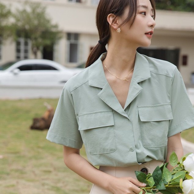 Áo sơ mi cổ vest túi ngực nhiều màu, áo sơ mi nữ chất đũi form rộng