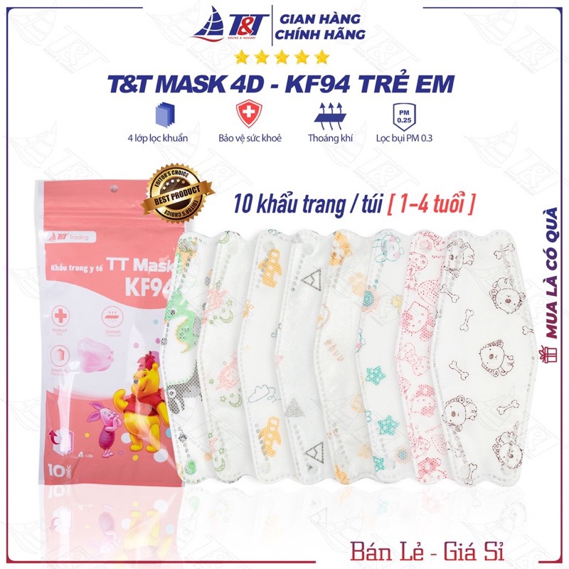 Khẩu Trang 4D KF94 Cho Bé Từ 1tuổi - 15tuổi, Túi 10 chiếc