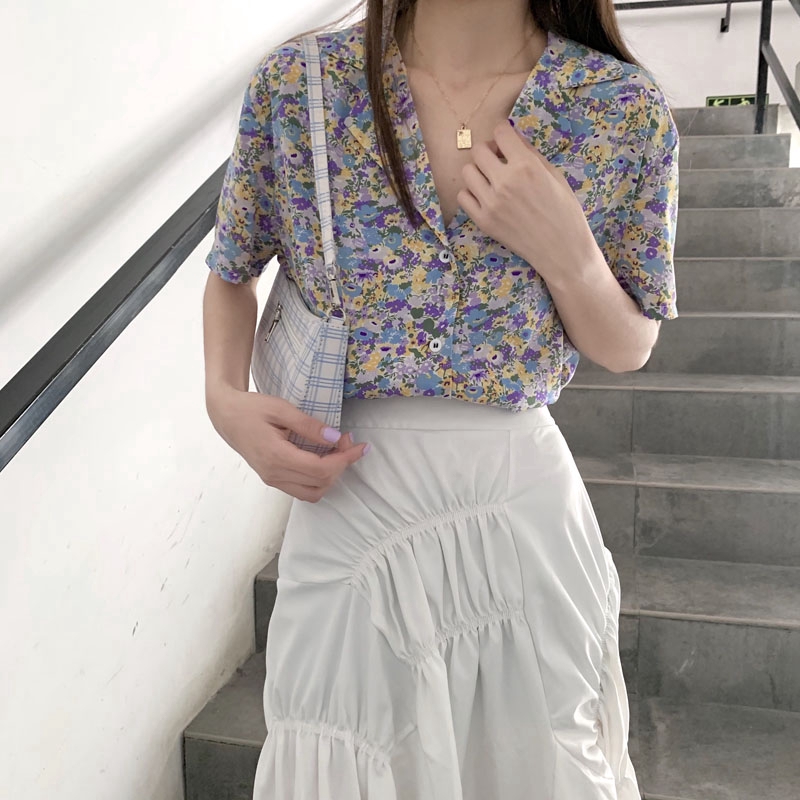 Áo Sơ Mi Hoa Ngắn Tay Vải Chiffon Kiểu Hàn Quốc