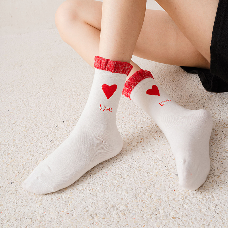 Sweet Cute Love Heart Print Ruffles Girls Short Socks Fashion Floral Lolita Princess Cotton Socks Women White Socks