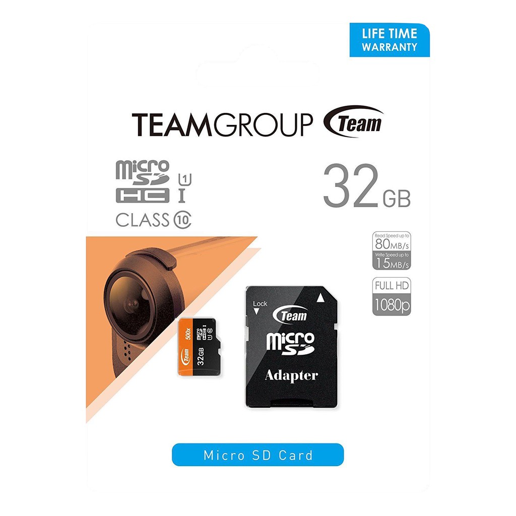 Thẻ nhớ microSDHC Team 32GB 500x upto 80MB/s class 10 U1 kèm Adapter (Cam) tặng đầu đọc thẻ - Hãng phân phối chính thức