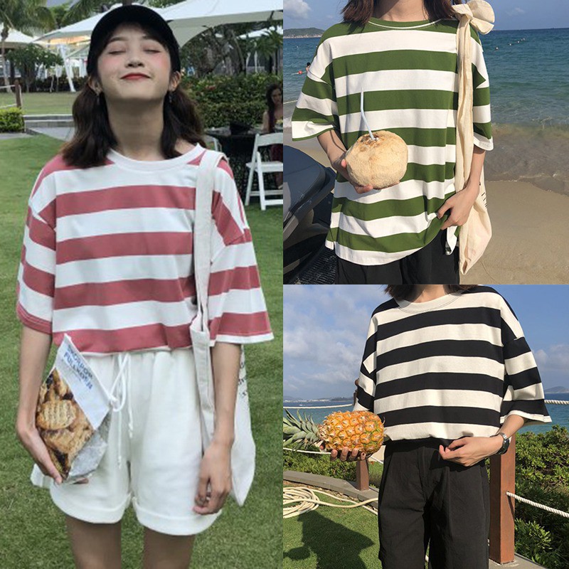 Áo Phông Áo Croptop Áo Thun Hàn Quốc Dáng Rộng Cổ Tròn Sọc Trắng Đen