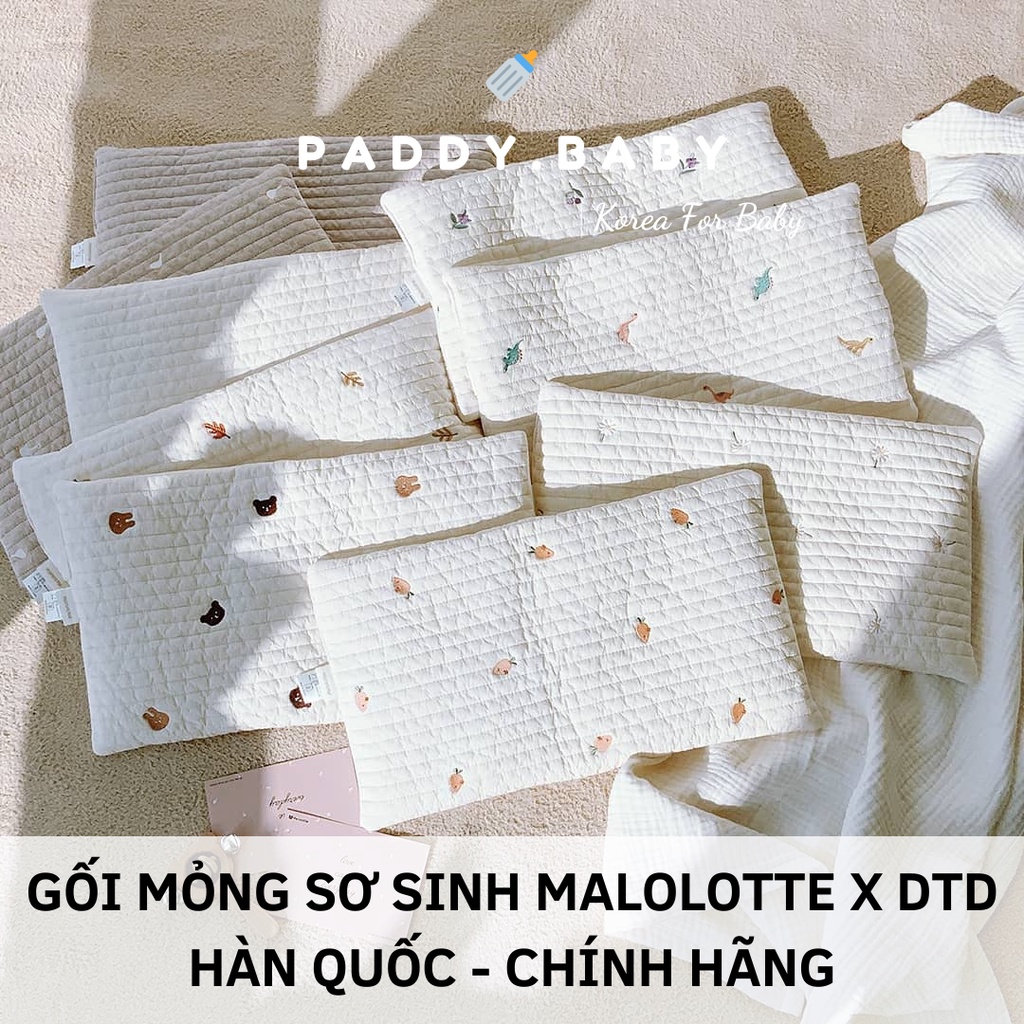 Gối mỏng sơ sinh Dottodot Malolotte Hàn Quốc thêu quilting hình chữ nhật  made in korea <có sẵn>