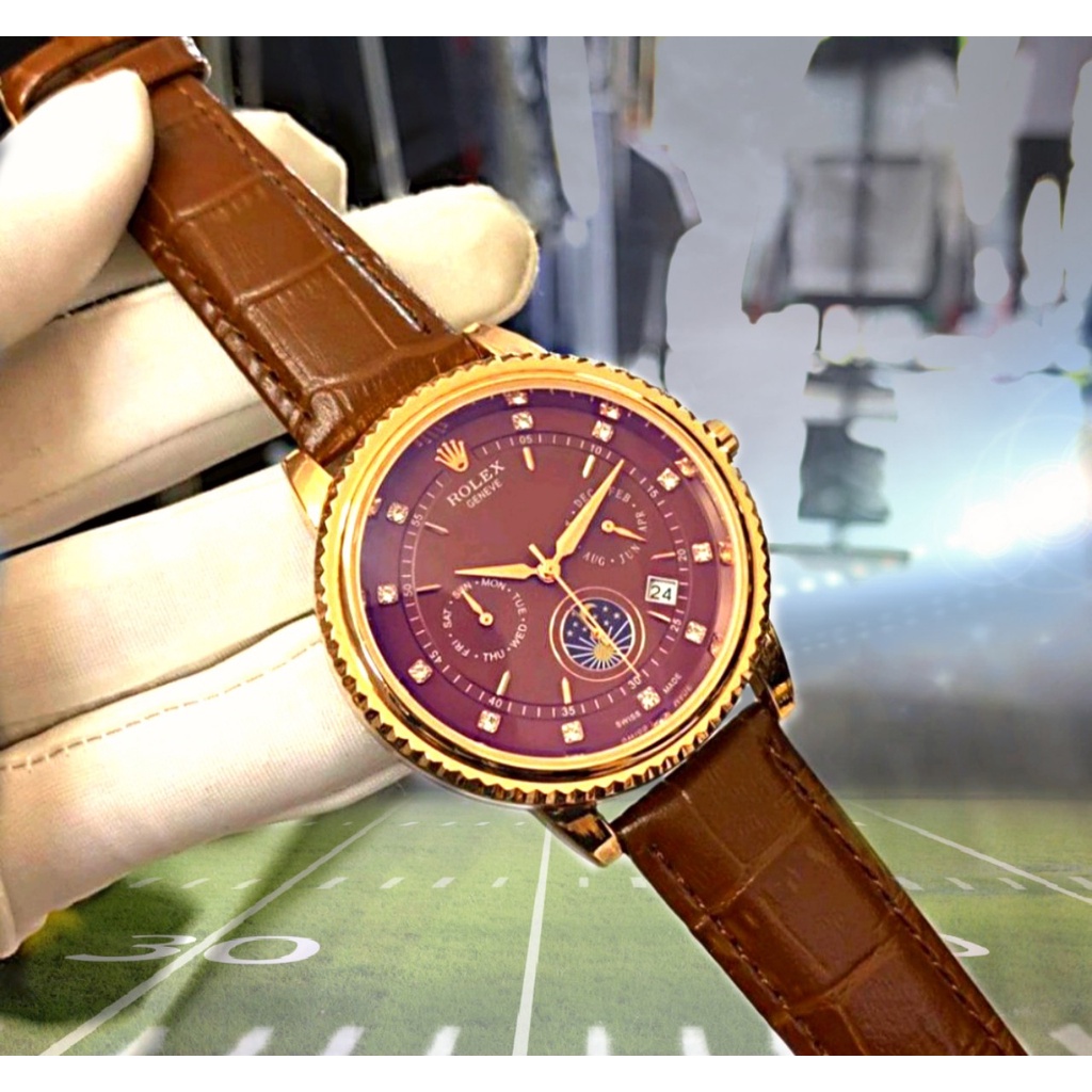 Đồng hồ Nam Rolex máy nhật, mẫu 6kim đính đá, mặt nâu cafe viền vàng, dây da [ BH 1 Năm ] lỗi 1 đổi 1 miễn phí | BigBuy360 - bigbuy360.vn