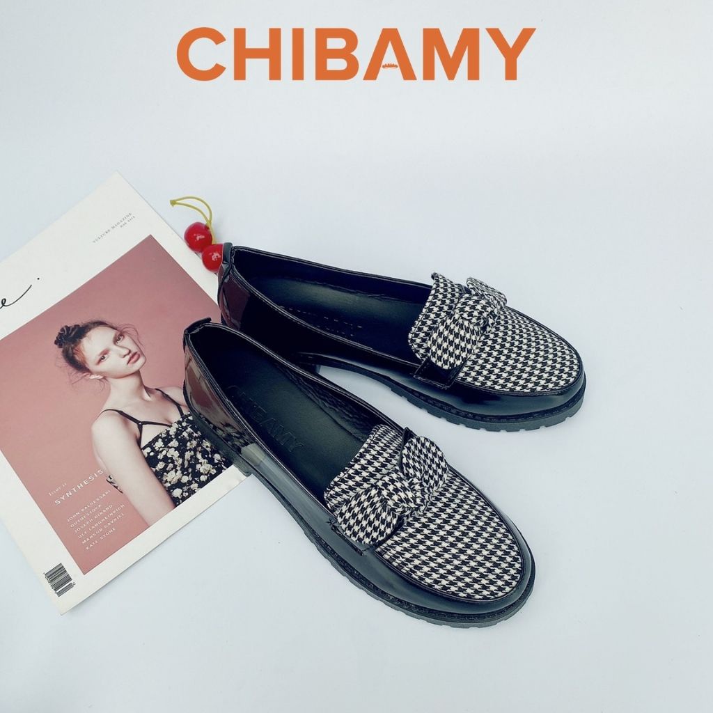 Giày đốc nữ CHIBAMY da bóng mềm thắt nơ phối vải kẻ đế răng cưa cao 4 phân