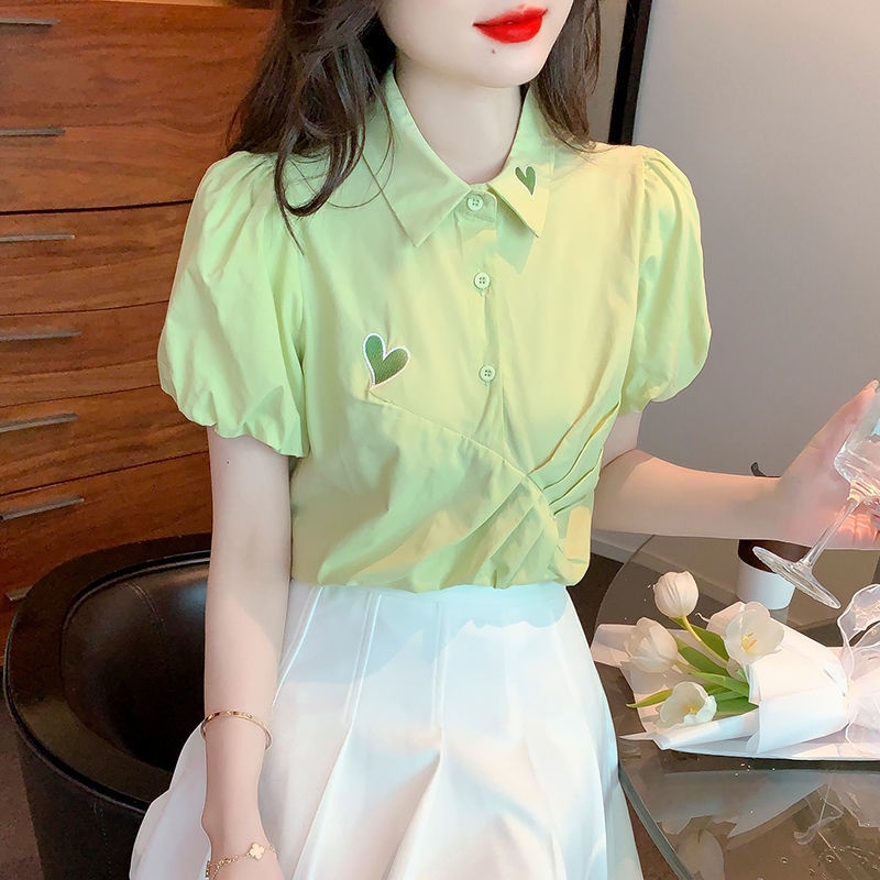 Áo sơ mi Pure Cube tay ngắn phồng thêu họa tiết trái tim thêu phong cách phương tây cao cấp